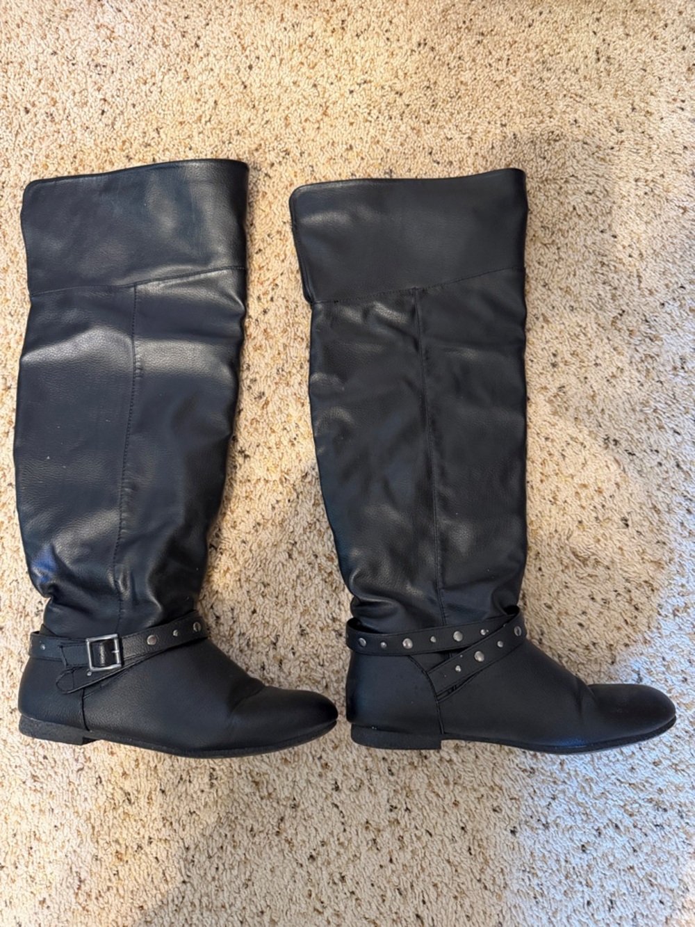 Women’s Black Over-the-Knee Faux Leather Boots with Studded Strap- 7.5